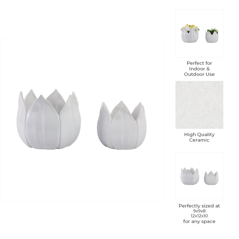Sagebrook Home 2-Pieces Petal Planters, White, 7" H x 8" W x 8" D, White