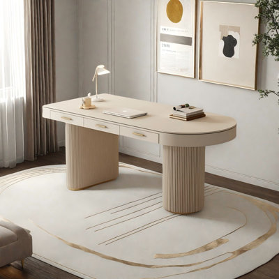 Bureau crème à demi-cercle droit, 3 tiroirs