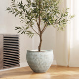 White and Gold V-Pattern Polyresin Round Planter