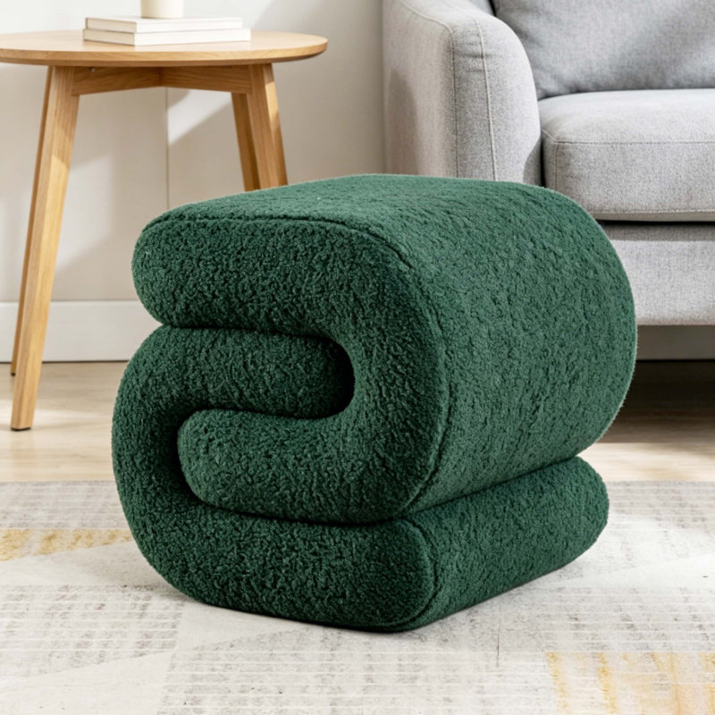 Green S-Shaped Teddy Fabric Ottoman Stool, Upholstered Makeup Vanity Stool, Modern Curved Footstool With Wooden Frame For Living Room, Bedroom, Entryway