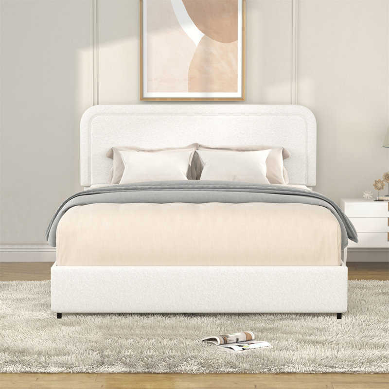 Queen Size Ivory Boucle Bed Frame, Upholstered Platform Bed With 4 Drawers Storage, Curved Stitched Tufted Headboard, Wooden Slat Mattress Support, No Box Spring Needed