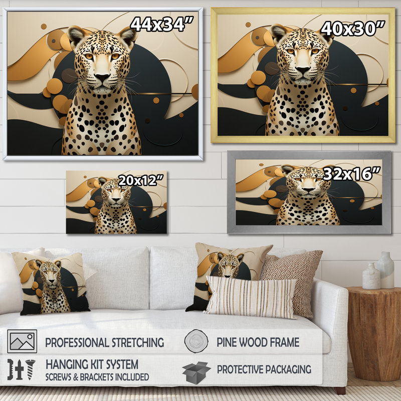 Léopard élégant géométrique - art mural léopard, H 34 po x l 44 po x P 1,5 po, Cadre flottant noir