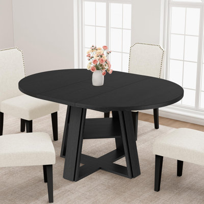 Ensemble table et chaises de salle à manger rondes extensibles de 150 cm avec chaises capitonnées et cloutées, table en MDF de 3 cm d'épaisseur avec étagère de rangement, 4 chaises beiges, noir