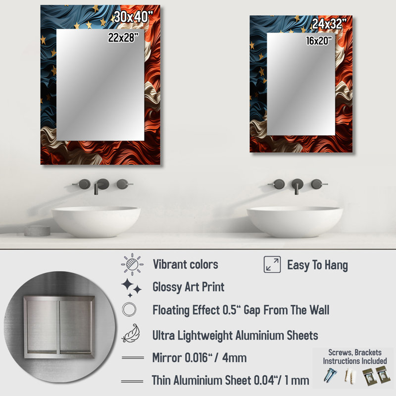 Drapeau moderne des États-Unis II - miroir mural, miroir décoratif traditionnel, art imprimé en métal, 40 po x 30 po