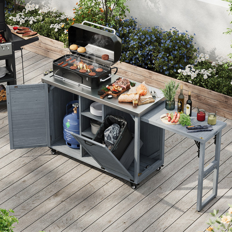 Îlot de cuisine extérieur avec table de barbecue pliable, Gris te bleu