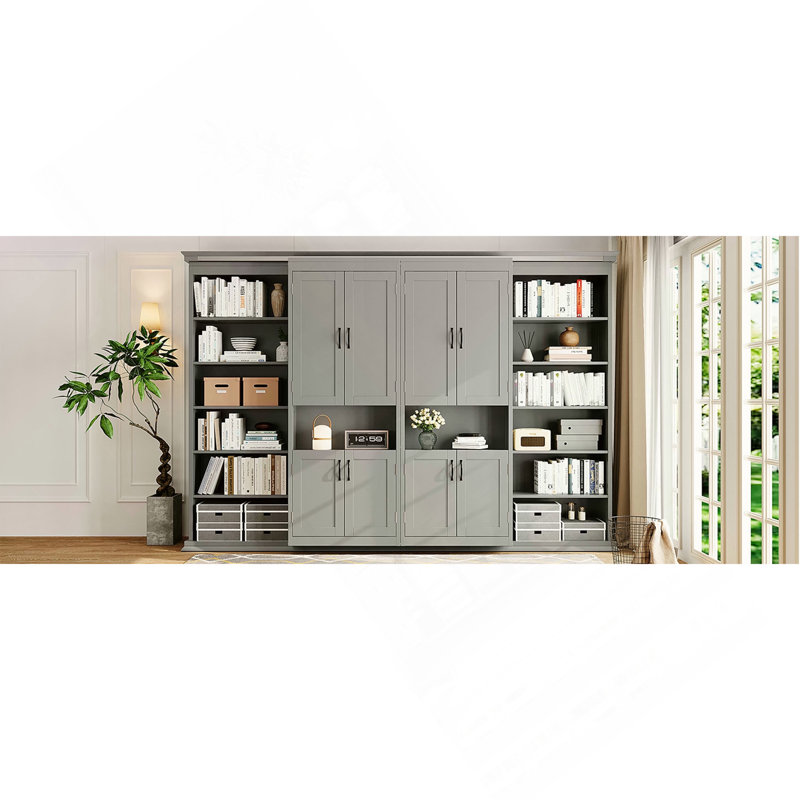 Lit escamotable double avec armoires de rangement coulissantes doubles, conception de lit mural caché, deux tablettes latérales à 6 niveaux, système de lit mural à grande capacité pour les maisons modernes et les pièces multifonctionnelles - gris
