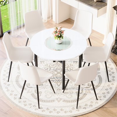 White Modern Dining Table And 6 Artificial Pu Chairs , Impact - Tempered Glass, Lower Transparent Shelf, For Entertainment Meetings