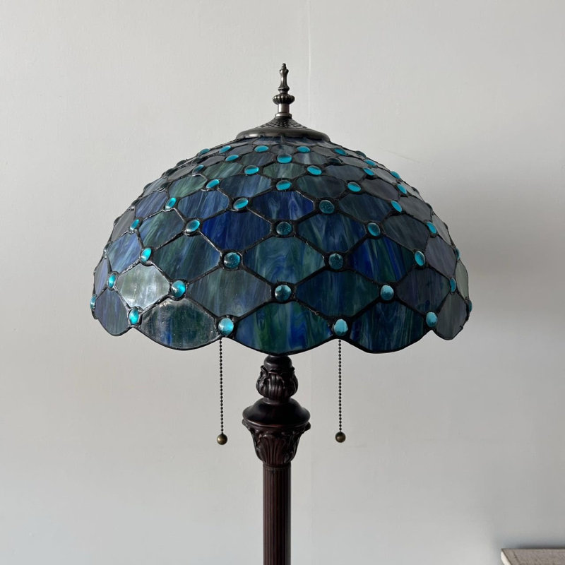 Lampe sur pied Tiffany en verre teinté bleu avec base en métal et ampoules à DEL incluses l 16 po x P 16 po x H 64 po