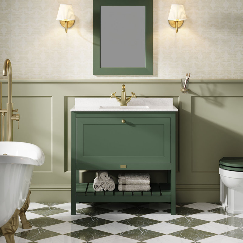 Hartleigh Single Bathroom Vanity with Under Slung Natural Marble Vitreous China Basin, Hunter Green, 82cm W