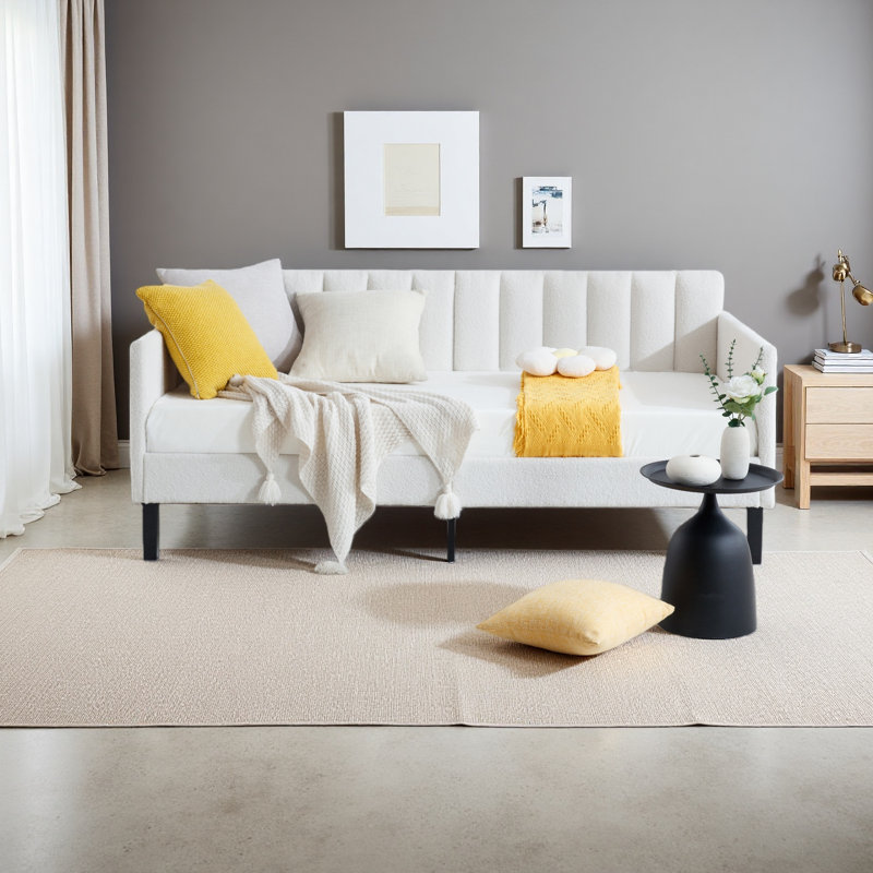 Twin Size Upholstered Daybed, Ribbed Tufted Backrest, Daybed In Lavish Modern Design, Richly Hued Foam Comfort, Ivory