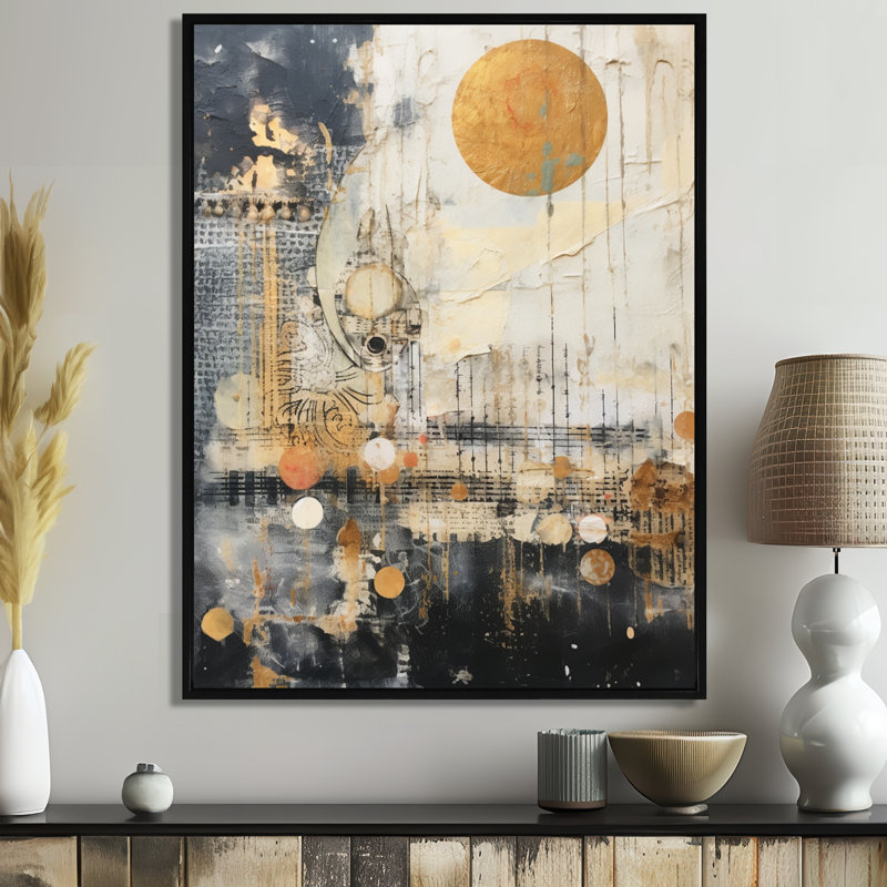 Pleine lune rétro mystique - Collages abstraits, impression d'art mural, Toile avec cadre flottant noir