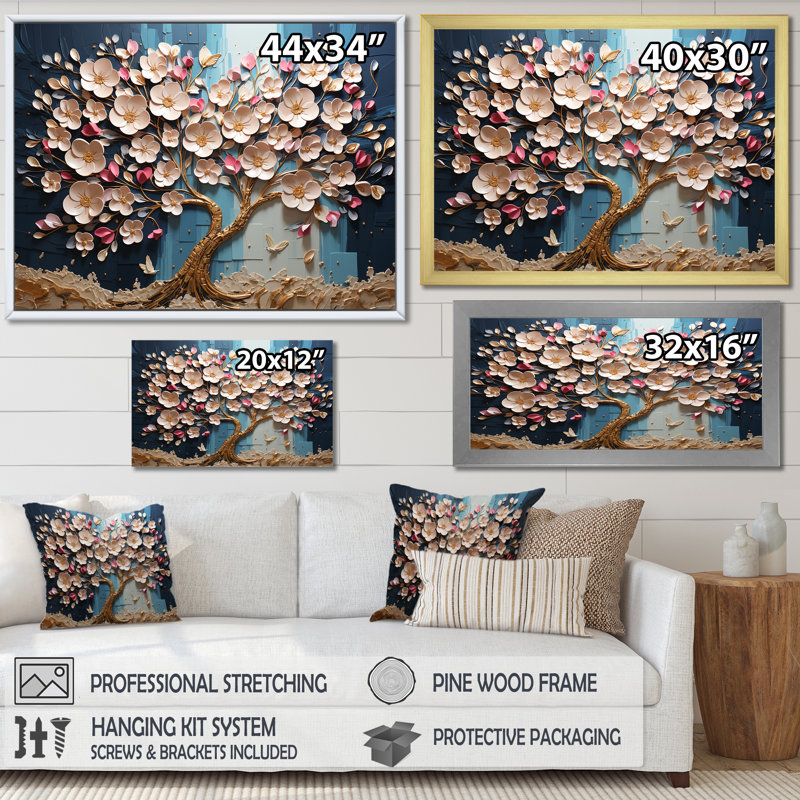 Orchidée rose et bleue, branches d'arbre VI - arbre, art mural, H 12 po x l 20 po x P 1 po, Cadre flottant brun