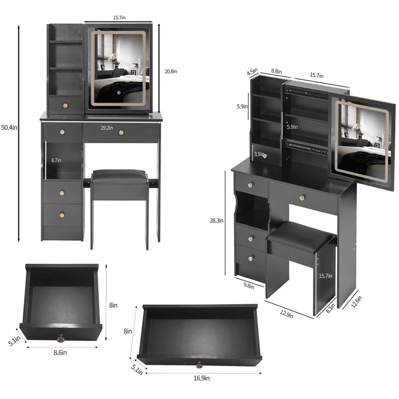 Petit meuble-lavabo de 29,2 po avec tiroir à gauche, tabouret rembourré, grande commande tactile, interrupteur tricolore, miroir à luminosité réglable, rangement grande capacité, convient aux petits espaces
