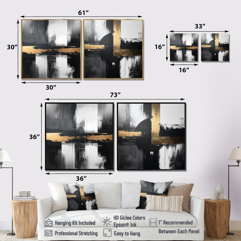 «Abstract Golden Drift Of The Dark Side V» - Décoration murale moderne - Art mural abstrait 2 pièces, H 30 po x l 61 po