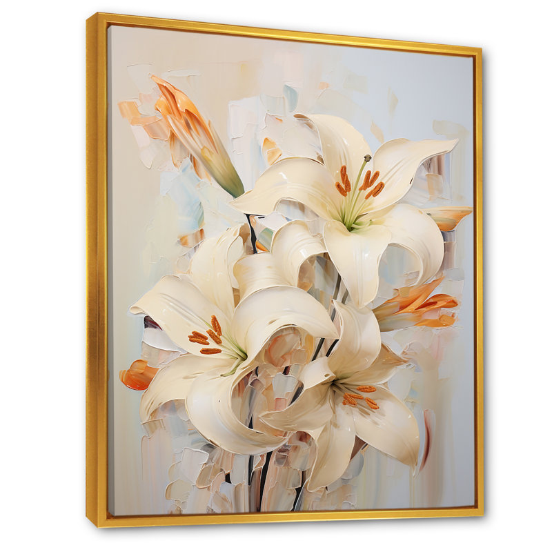 «Beige lys en fleurs» sur toile, Cadre flottant doré, H 32 po x l 24 po x P 1 po