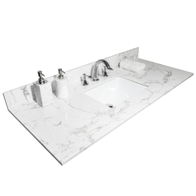 Plateau de meuble-lavabo en pierre 43X22 avec élégance en marbre blanc - pierre d'ingénierie, lavabo en céramique et dosseret assorti