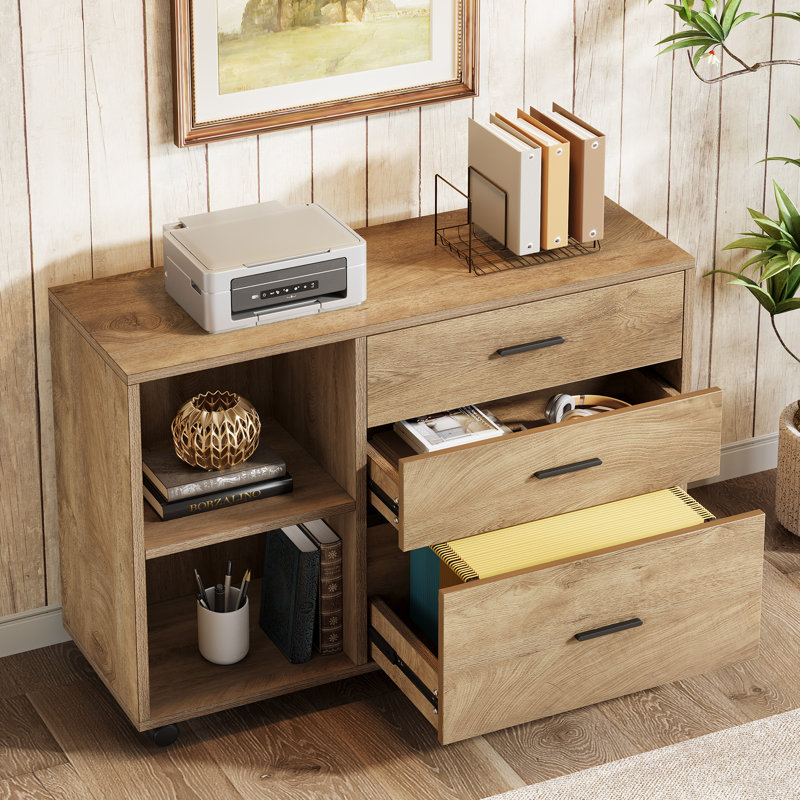 Mobile Lateral File Cabinet with Drawers and Shelves, Rolling Office Storage Cabinet, Brown, Light Brown