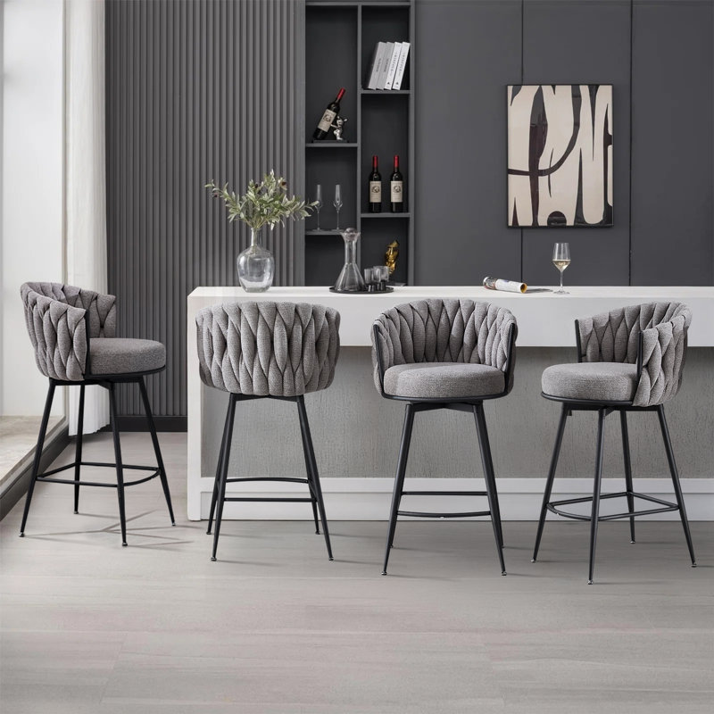 Swivel Bar Stool With Curved Weaving Design, Gray