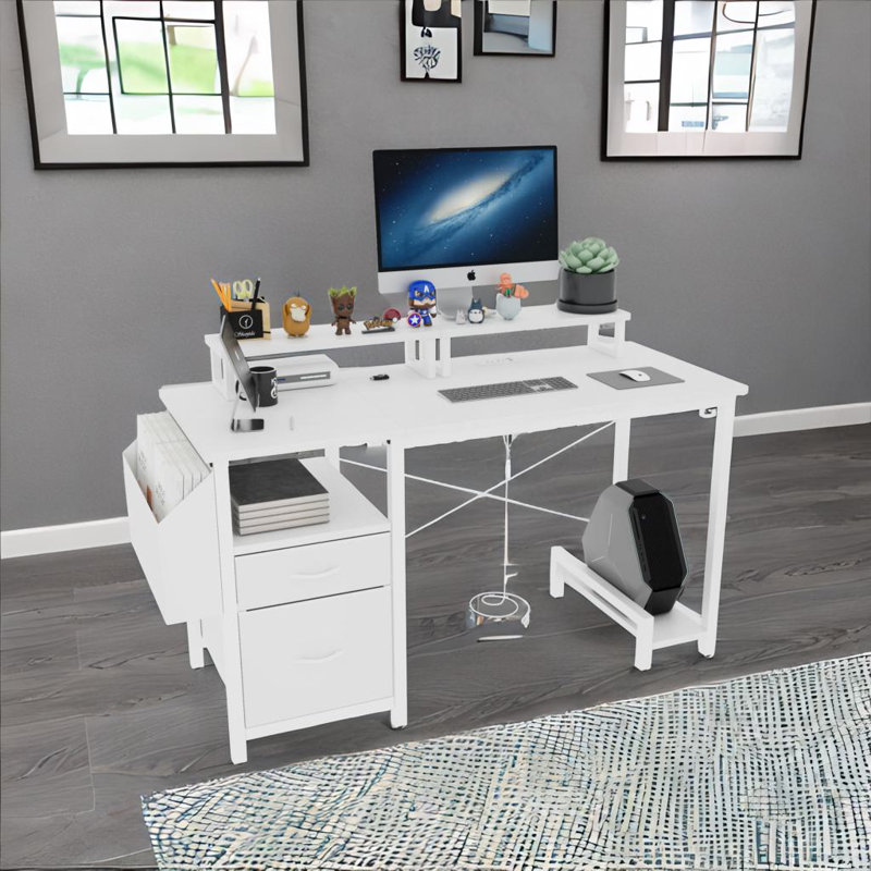 Office Desk With Power Outlet, White, White