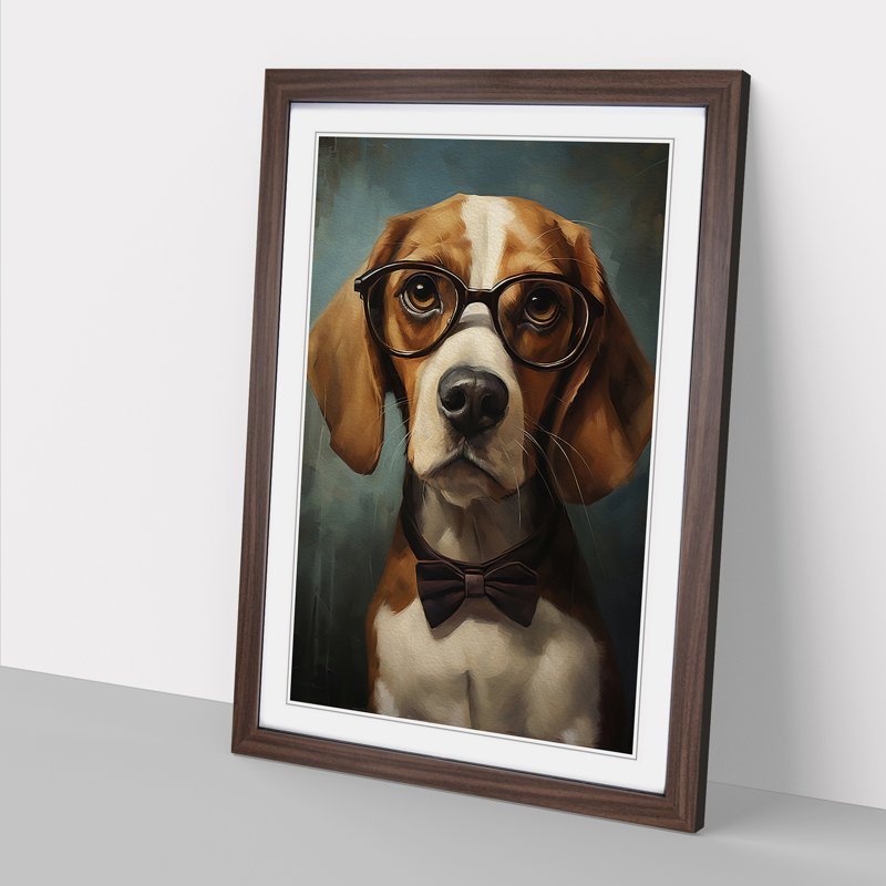 Beagle With Glasses No.2 - Single Picture Frame Print on Wood, 46cm H x 34cm W x 2cm D, Walnut