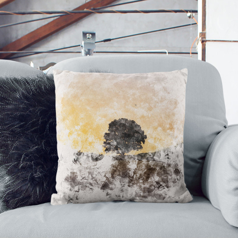 Lone Tree at Dusk Watercolour Cushion with Filling, 55cm H x 55cm W x 20cm D, Black
