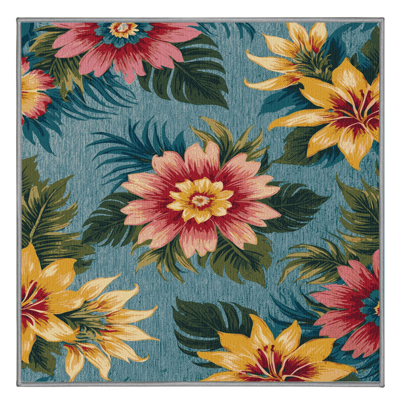Washable Flower Brights Hawaiian Area Rug, Square 4'