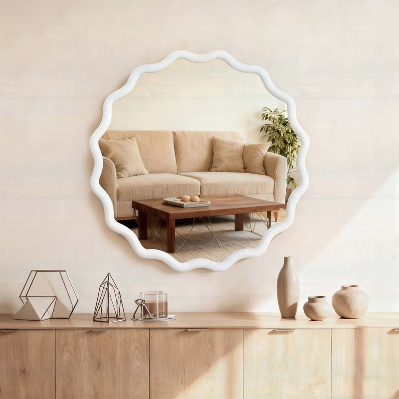 Miroir à cadre ondulé en bois pour une décoration intérieure élégante, Blanc, 30 po x 30 po