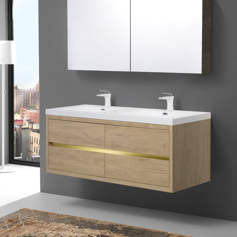 Meuble-lavabo mural 60 po, brillant, Bois naturel