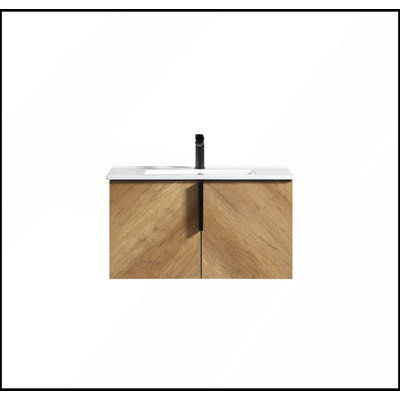 Meuble-lavabo mural de 36 pouces avec panneau cannelé 3D et lavabo intégré en céramique, conception écologique et élégante pour les salles de bain modernes