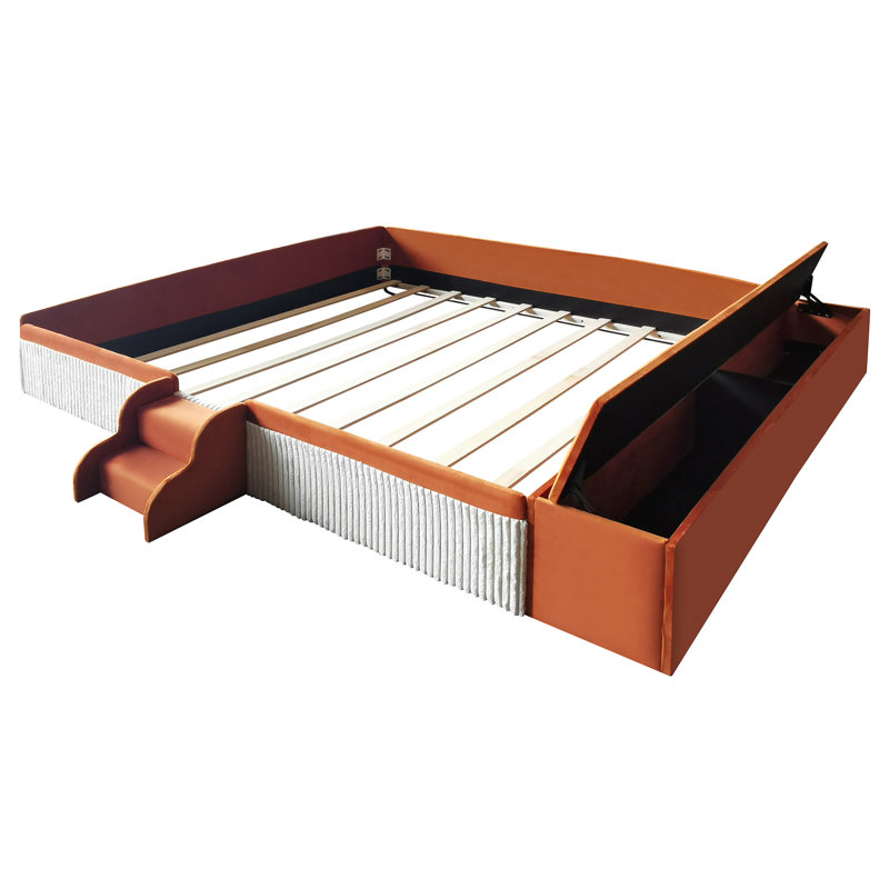 Lit rembourré moderne avec banc de rangement et marchepied Montessori, Brun, Très grand lit