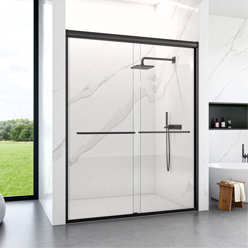 56"-60"W*72" H Semi-Frameless Double Sliding Shower Door, Bypass Shower Door, 1/4" (6Mm) Thick SGCC Tempered Glass Door, Matte Black
