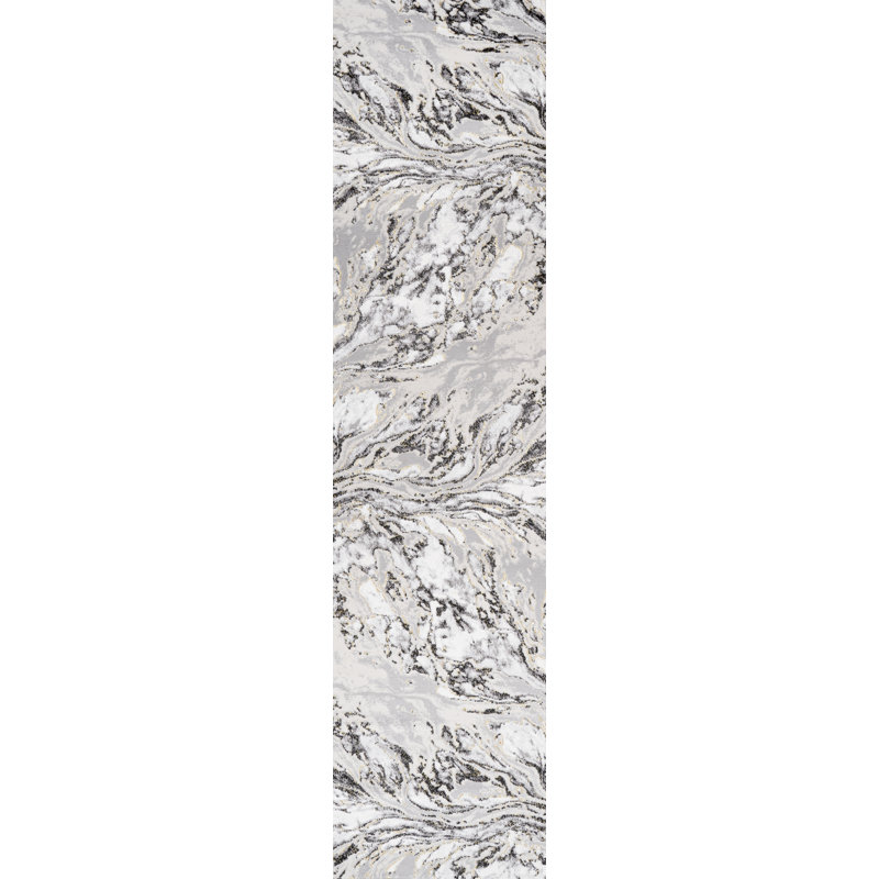 Swirl Marbled Abstract Gray/Black Rug, Runner 2' x 8'