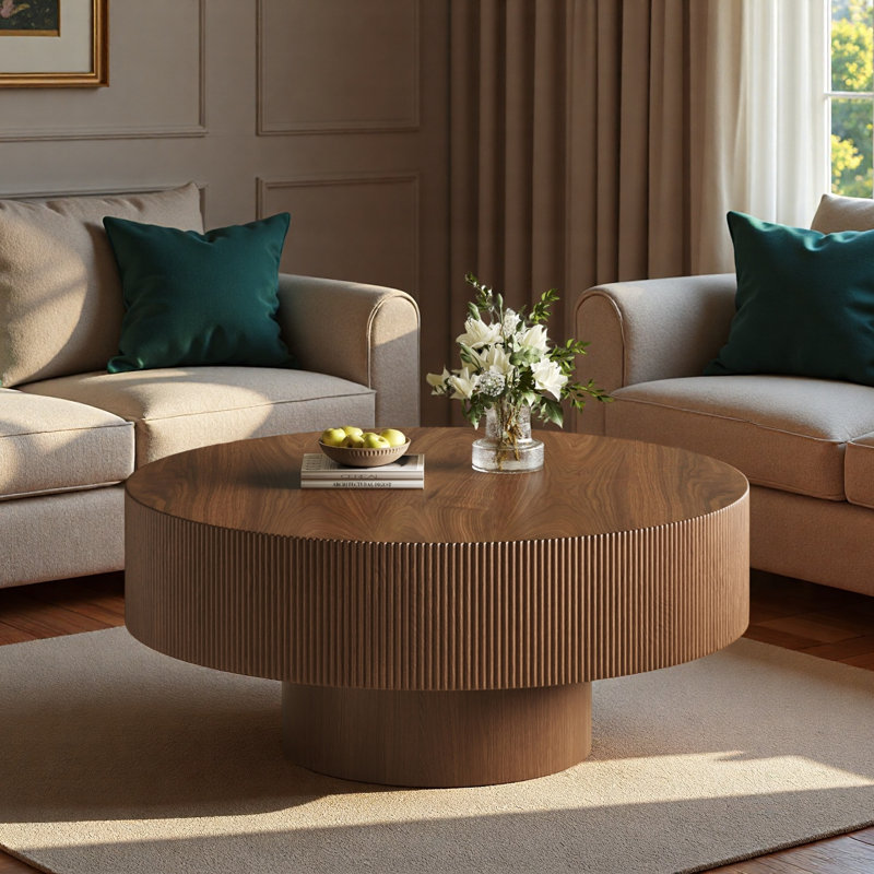Table basse ronde moderne avec rainures, plateau de table épais et base robuste, Walnut