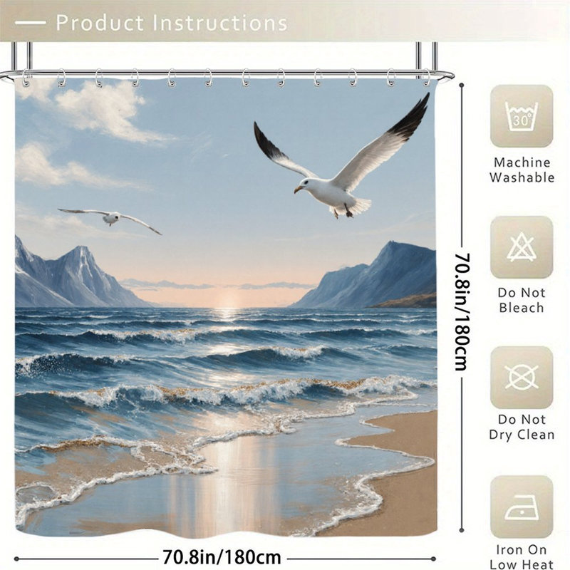 Rideau de salle de bain aquarelle Seagull Coastal, 72 pi x 72 po