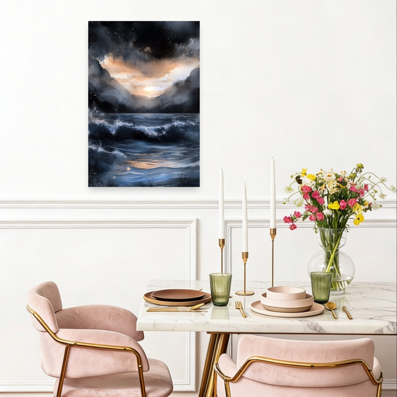 Twilight Ocean Dramatic Mystical Abstract Landscape Mountain Wall Art Print 1 Piece Wrapped Canvas Wall Art