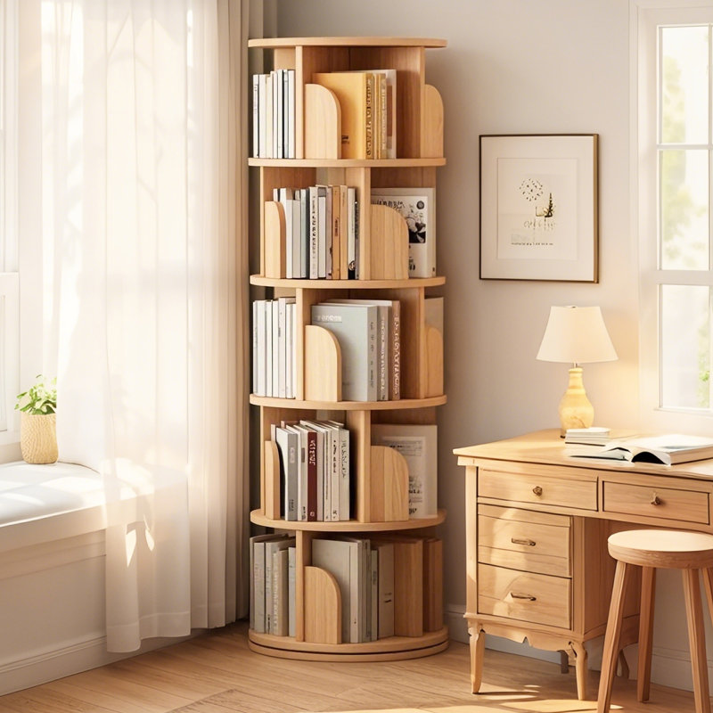 Bibliothèque rotative 5 niveaux 360 ° avec base à double couche, bord incurvé et rangement multifonctionnel pour les petits espaces dans la maison, le bureau, le grand déflecteur stable en bois