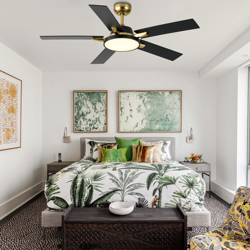 52 Inch Black and Gold Ceiling Fan with Dimmable LED Light and Remote, 6 Speeds Reversible Ceiling Fan for Living Room, Gold