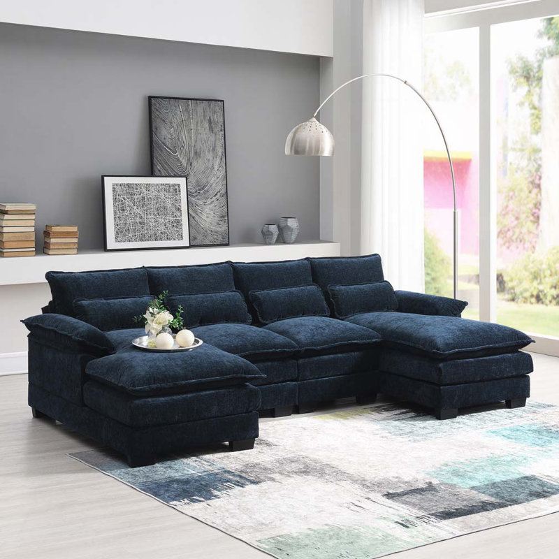 110*55" Modern Modular U-shaped Sectional Sofa with Waist Pillows,6 Seat Upholstered Symmetrical Indoor Furniture,Comfy Chenille Cloud Couch Set