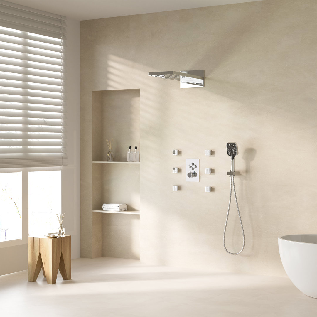 Rainier 4-Function 20 Inch Wall Mounted Rectangular Rainfall Thermostatic Shower System With 6 Body Jets CASAINC