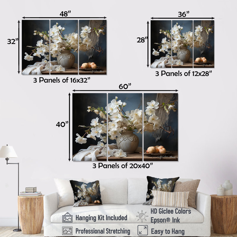 Bouquet de fleurs de pommier nature morte - ensemble de décoration murale, H 28 po x l 36 po