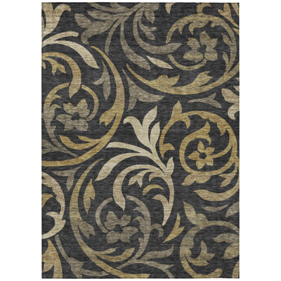 Tapis extérieur lavable floral taupe et doré 3 pi x 5 pi noir