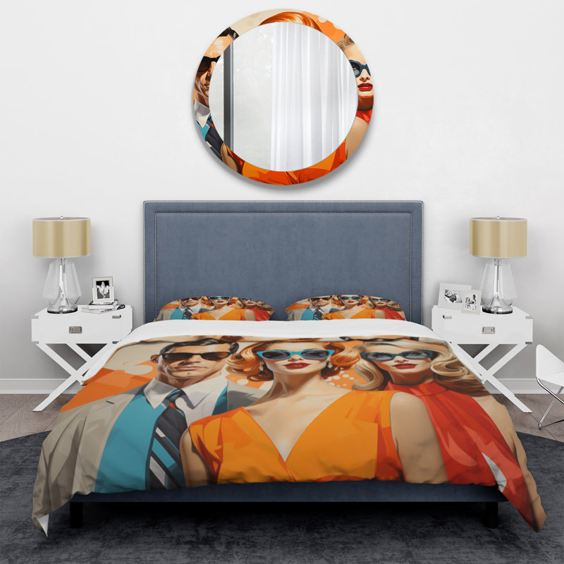 Ensemble de housse de couette orange en microfibre / polyester Mid Century Retro Portraits II