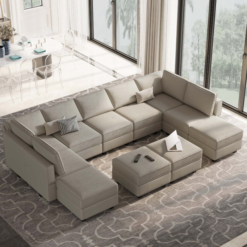 Wylodene 143'' U-Shaped Modular Velvet Sectional Upholstered Storage Sofa, Gray Velvet