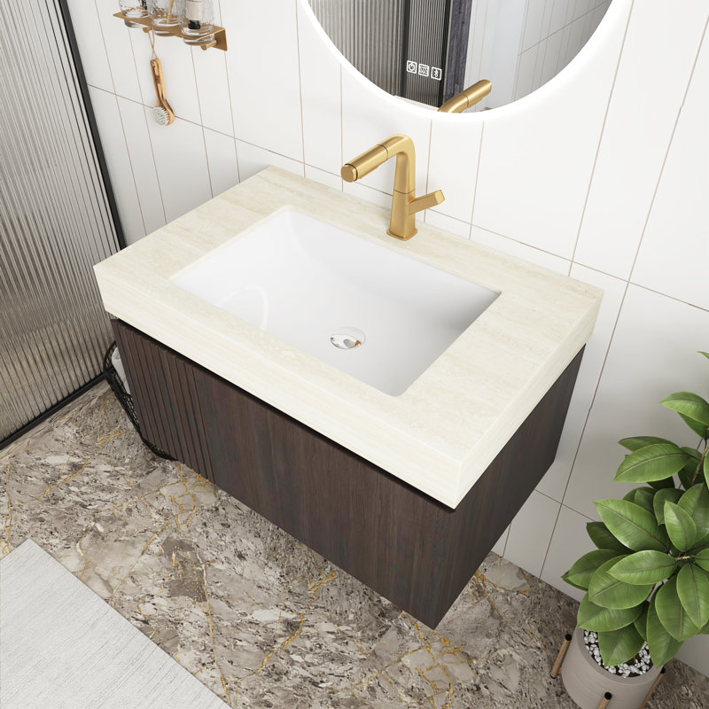 Meuble-lavabo de salle de bain à grain de bois espresso de 30 po avec lavabo, armoire de rangement flottante en contreplaqué avec tiroir et portes, plateau en pierre frittée avec lavabo en céramique Roma, pré-assemblé