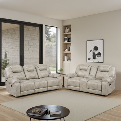 Yasminda Transitional Polished Microfiber 2-Piece Reclining Set with Center Storage Console, Tab Pull Motion & Pocket Coil Seating