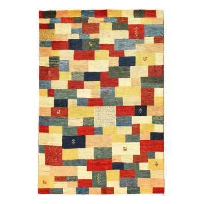 Tapis géométrique rectangulaire en coton fabriqué à la main de 3 pi 5 po x 5 pi vert / beige / rouge Lidea