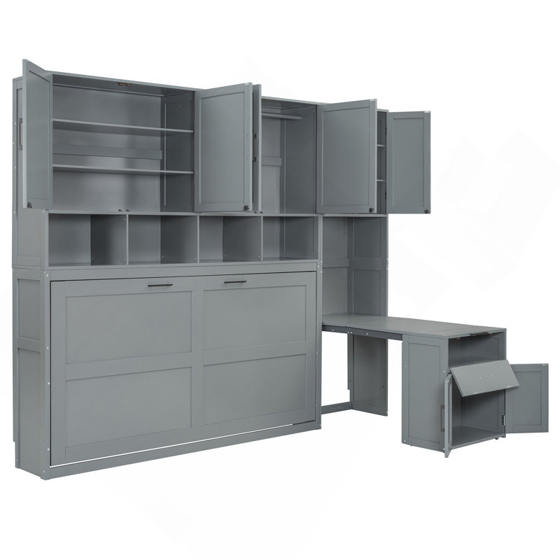 Lit escamotable mural simple avec placard, tiroirs et bureau - gris