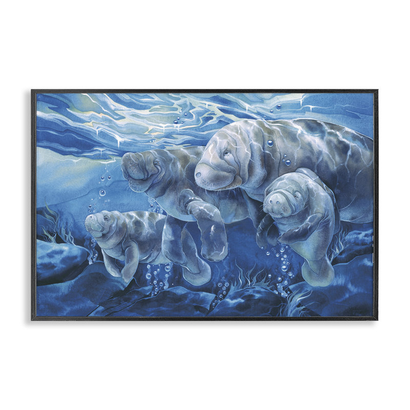 Giclée encadrée de famille de lamantins sous-marine, design par Jody Bergsma, H 12 po x l 18 po, Giclée encadrée noir minuit