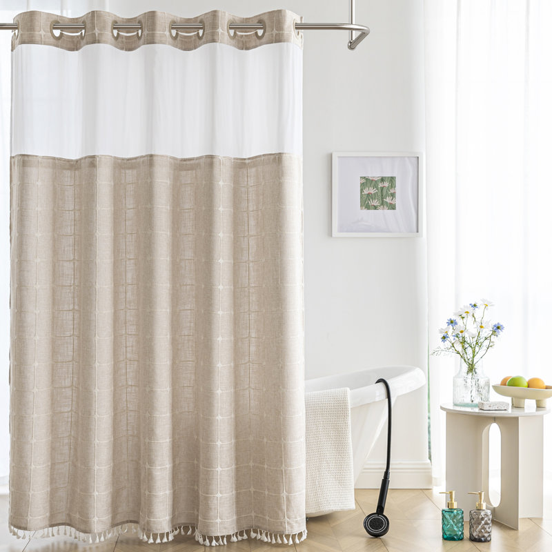Clairece Geometric Tassels Shower Curtain with Snap-in Liner, No Hooks Required, Cream