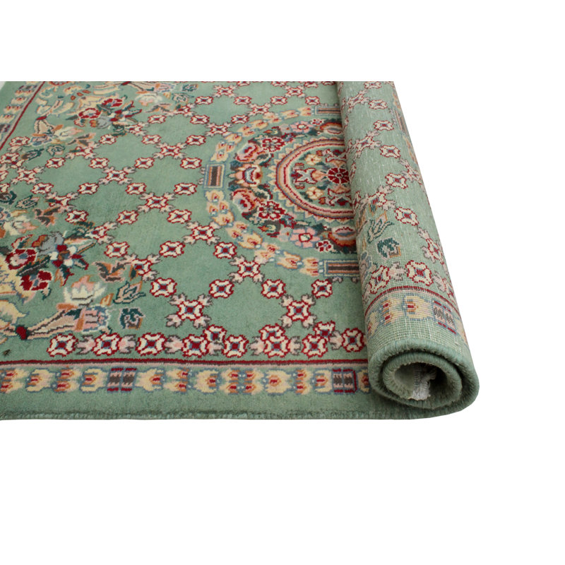 Tapis de cour fait à la main pak-persan - vert - rouge, 2 pi 1 po x 3 pi 2 po